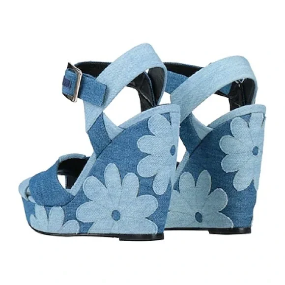 Roger Vivier Denim Floral Wedge Platform Sandals - Picture 2 of 11